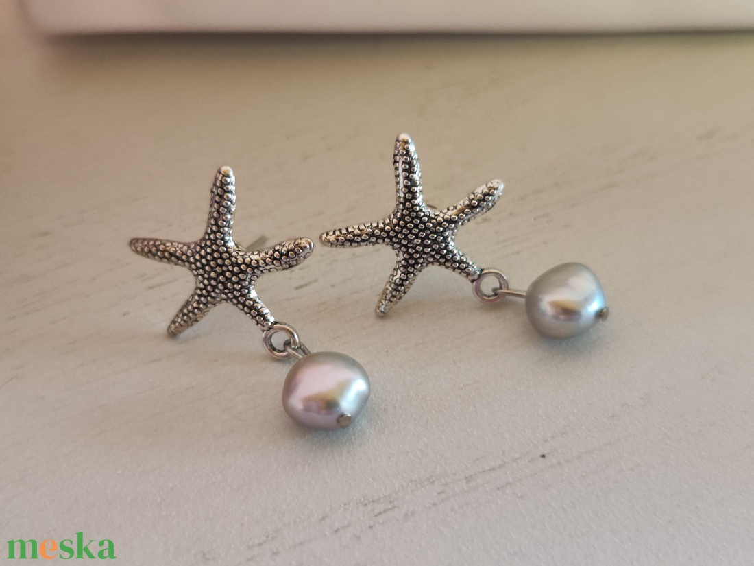 Tengericsillag fülbevaló tenyésztett gyönggyel! - ékszer - fülbevaló - lógós kerek fülbevaló - Meska.hu