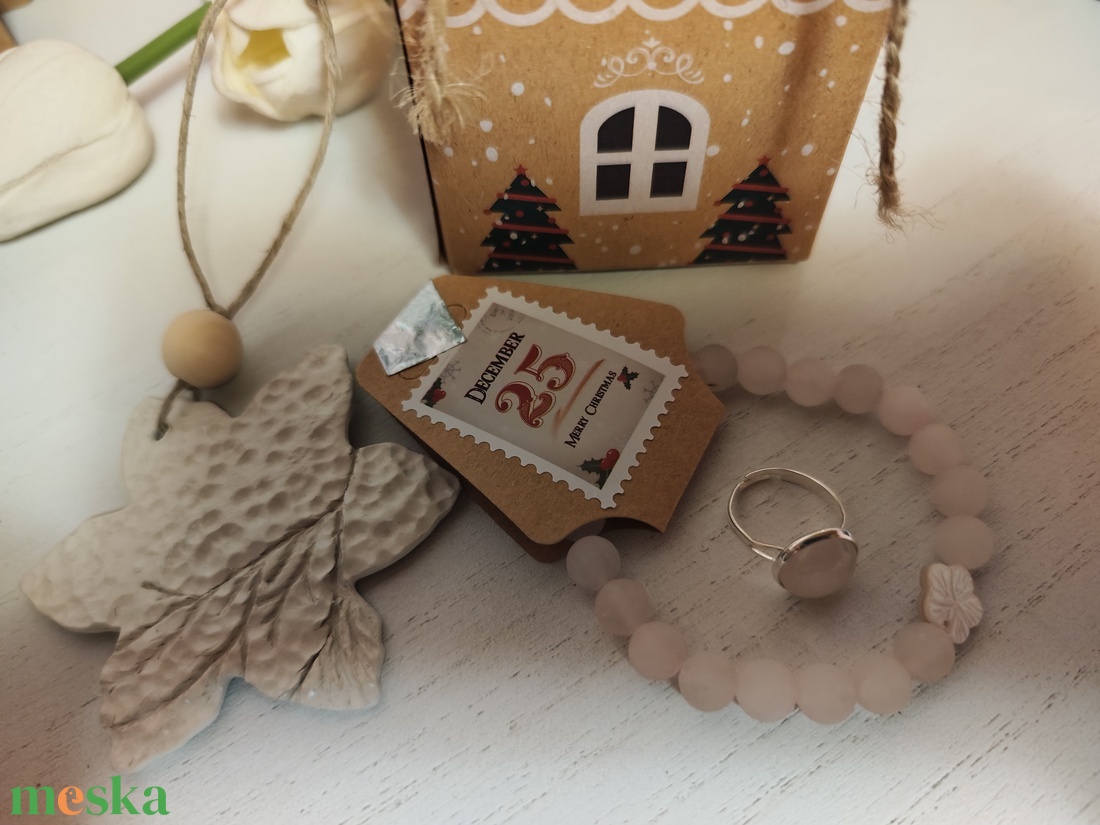 Rózsakvarc karkötő és gyűrű szett dísszel! - ékszer - ékszerszett - Meska.hu