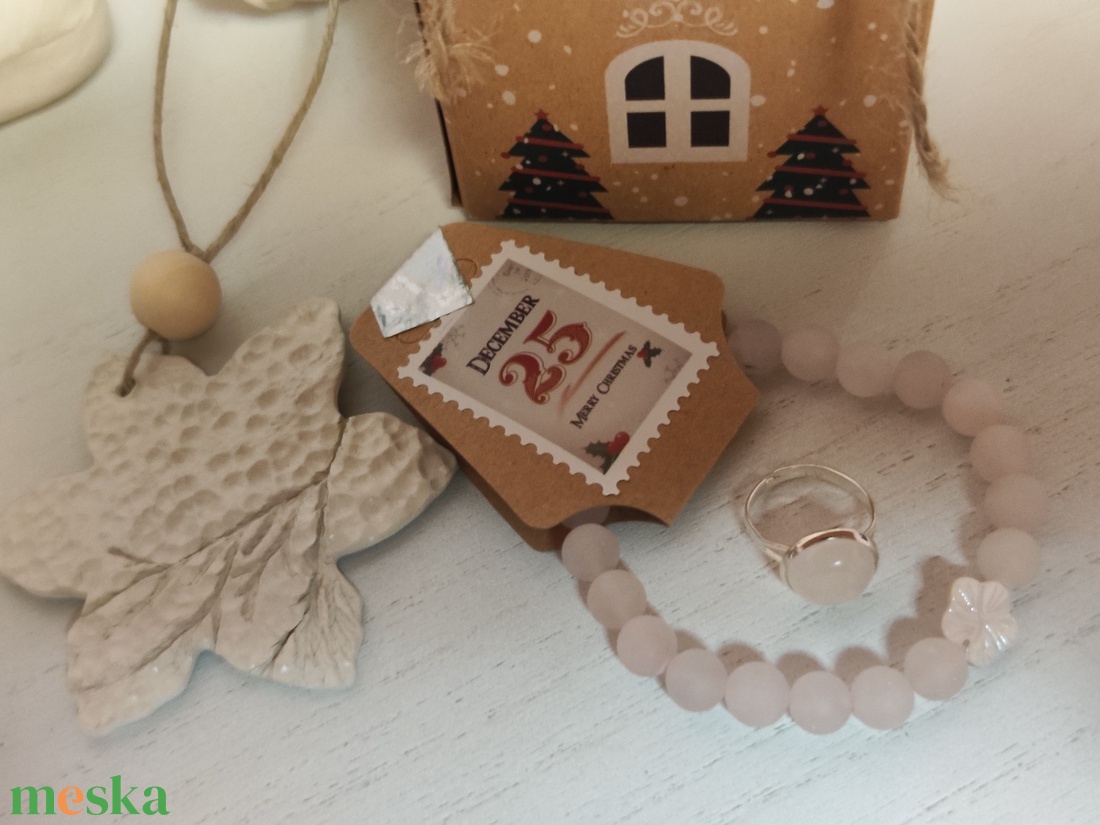 Rózsakvarc karkötő és gyűrű szett dísszel! - ékszer - ékszerszett - Meska.hu