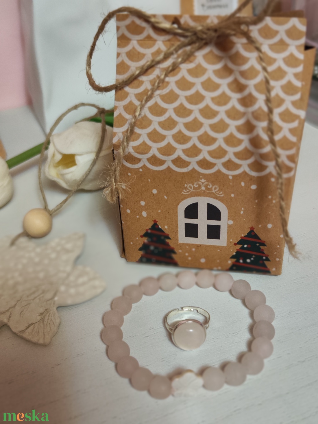 Rózsakvarc karkötő és gyűrű szett dísszel! - ékszer - ékszerszett - Meska.hu