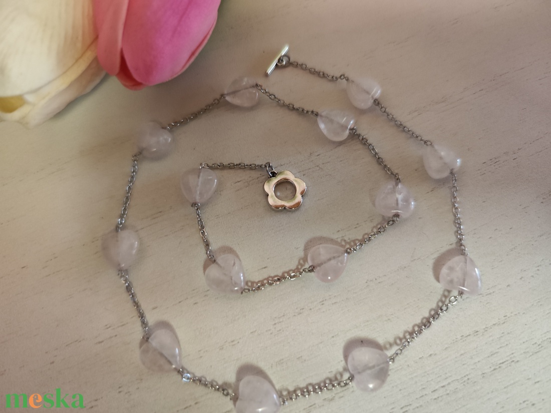 Rózsakvarc szív nemesacél nyaklánc! - ékszer - nyaklánc - gyöngyös nyaklánc - Meska.hu
