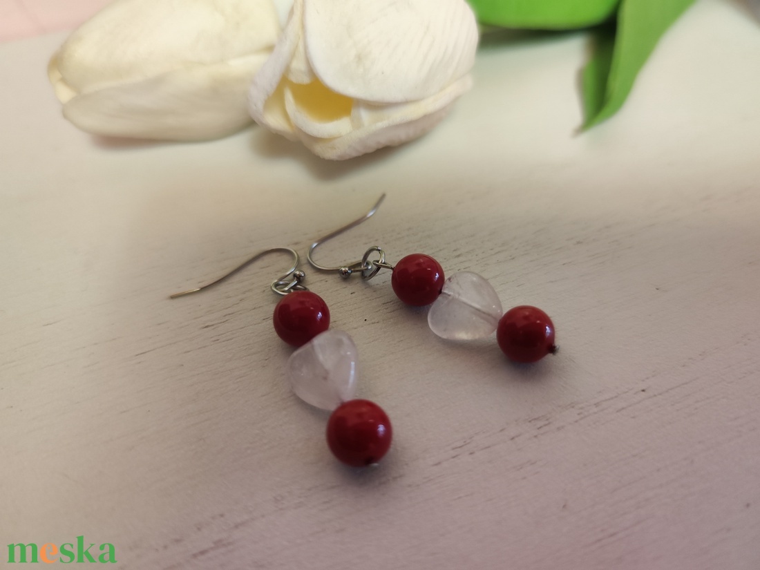 Nemesacél fülbevaló kagylógyöngy és rózsakvarc gyönggyel! - ékszer - fülbevaló - lógó fülbevaló - Meska.hu