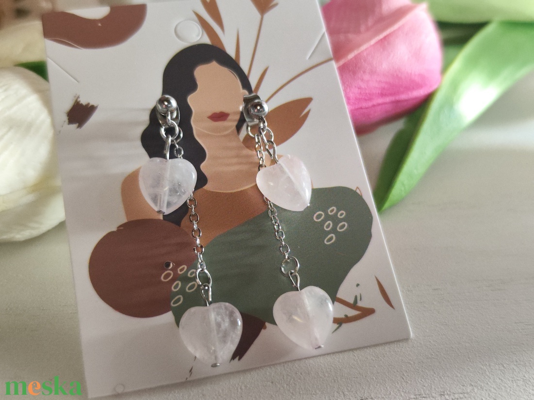 Nemesacél fülbevaló Rózsakvarc szív medállal! - ékszer - fülbevaló - lógó fülbevaló - Meska.hu