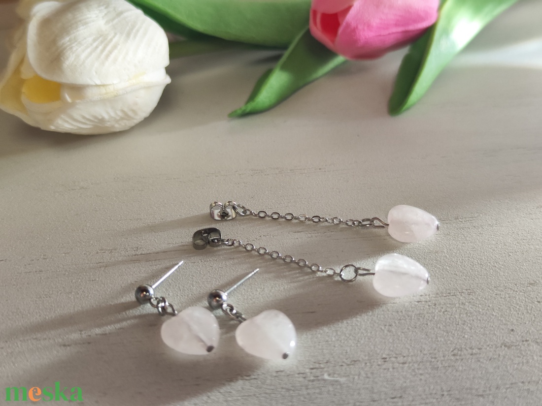 Nemesacél fülbevaló Rózsakvarc szív medállal! - ékszer - fülbevaló - lógó fülbevaló - Meska.hu