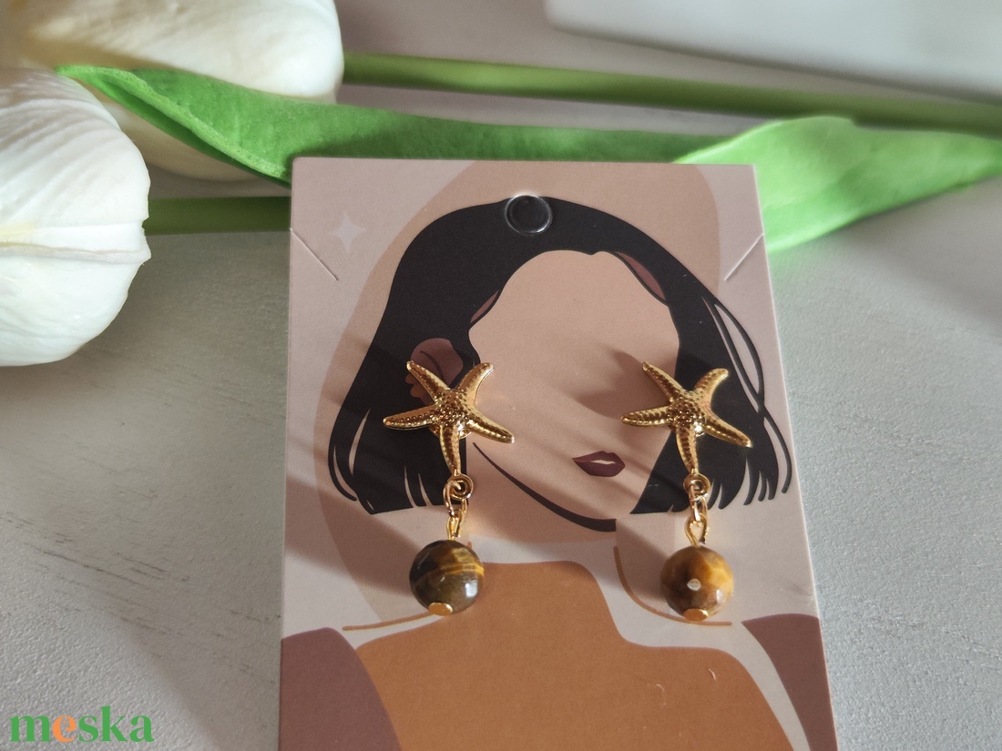 Tengeri csillag fülbevaló AAA tigrisszem gyönggyel � elegáns nemesacél! - ékszer - fülbevaló - lógó fülbevaló - Meska.hu