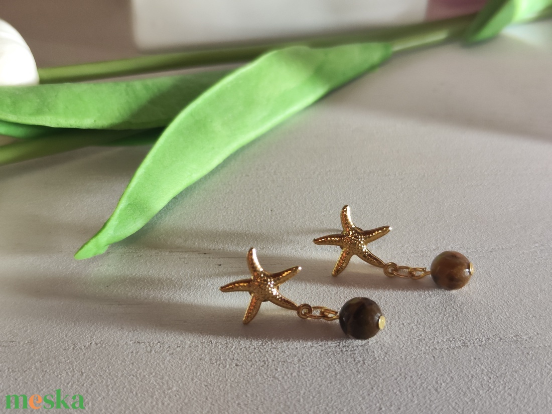 Tengeri csillag fülbevaló AAA tigrisszem gyönggyel � elegáns nemesacél! - ékszer - fülbevaló - lógó fülbevaló - Meska.hu