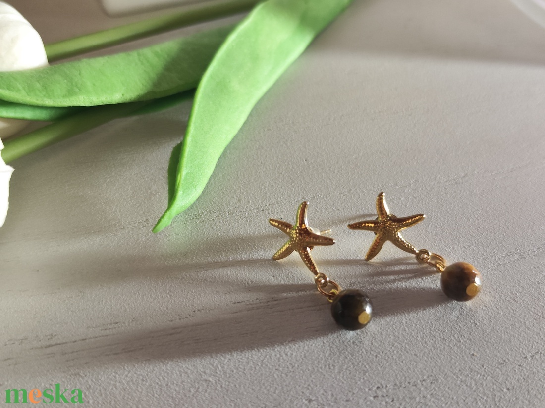 Tengeri csillag fülbevaló AAA tigrisszem gyönggyel � elegáns nemesacél! - ékszer - fülbevaló - lógó fülbevaló - Meska.hu