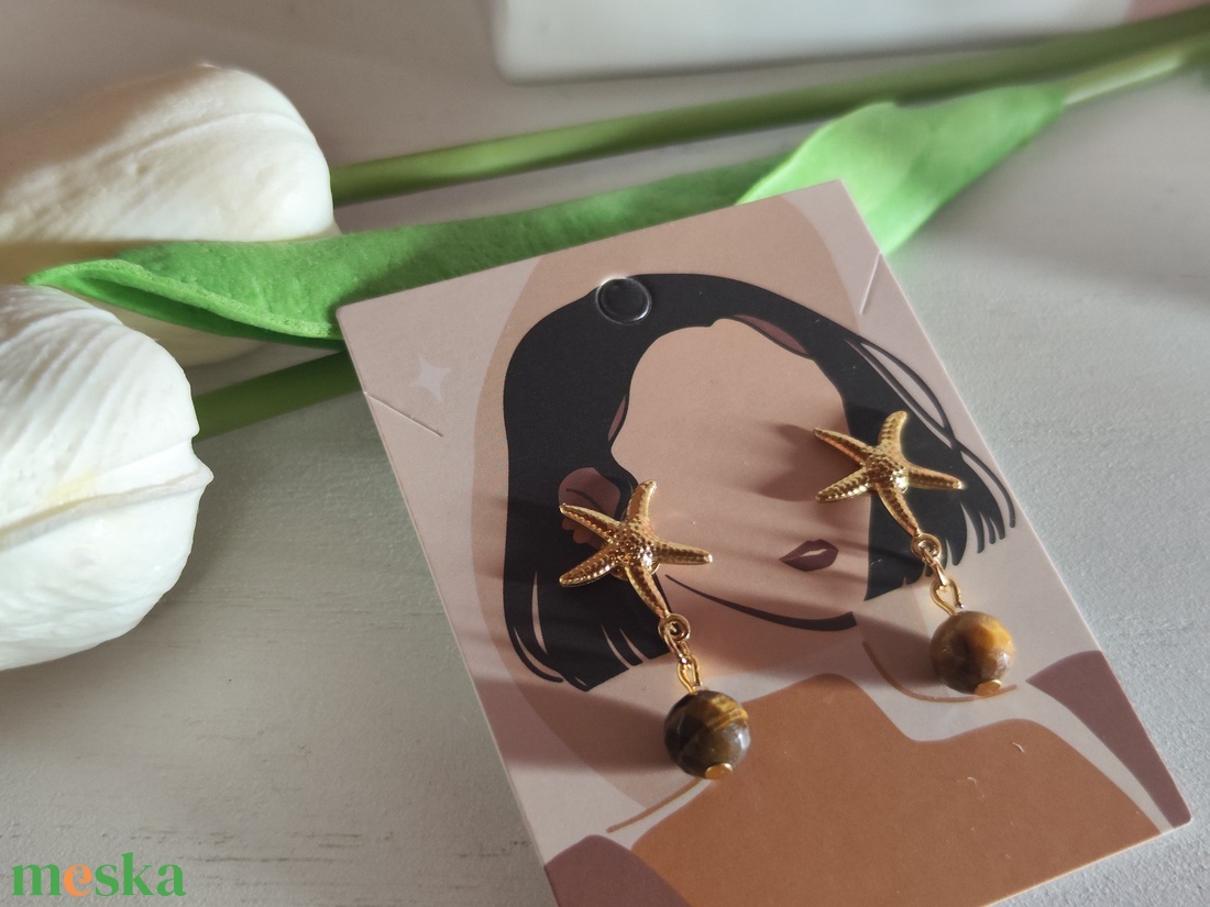 Tengeri csillag fülbevaló AAA tigrisszem gyönggyel � elegáns nemesacél! - ékszer - fülbevaló - lógó fülbevaló - Meska.hu