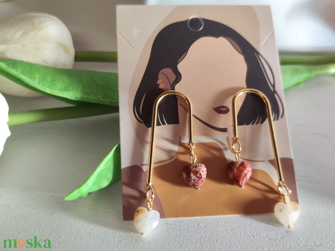 Természetes AAA vörös jáspis szív gyöngyös fülbevaló! - ékszer - fülbevaló - lógó fülbevaló - Meska.hu