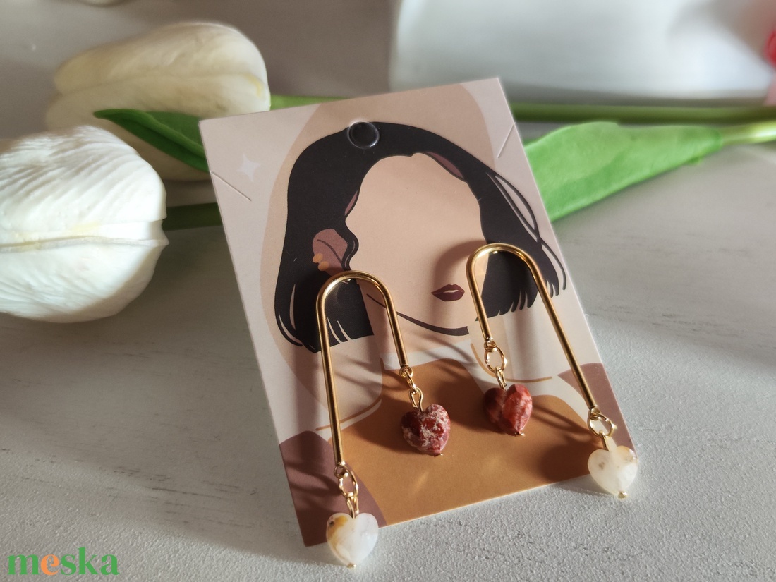 Természetes AAA vörös jáspis szív gyöngyös fülbevaló! - ékszer - fülbevaló - lógó fülbevaló - Meska.hu