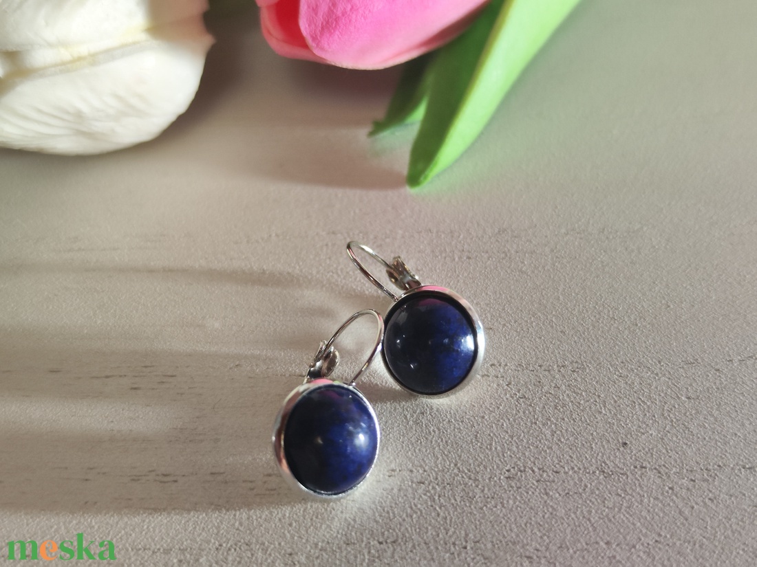 Lapis lazuli nemesacél fülbevaló � franciakapocsos elegancia! - ékszer - fülbevaló - lógós kerek fülbevaló - Meska.hu