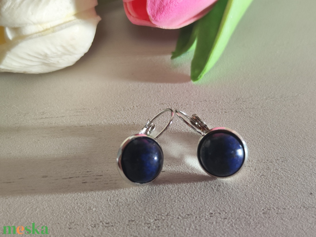Lapis lazuli nemesacél fülbevaló � franciakapocsos elegancia! - ékszer - fülbevaló - lógós kerek fülbevaló - Meska.hu