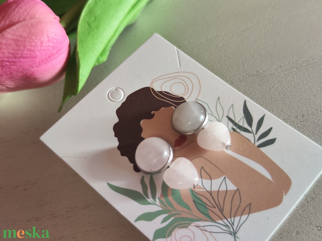 Egyedi rózsakvarc cabochon bedugós nemesacél fülbevaló (12 mm) � levehető szív kővel (10 mm)! - ékszer - fülbevaló - lógó fülbevaló - Meska.hu