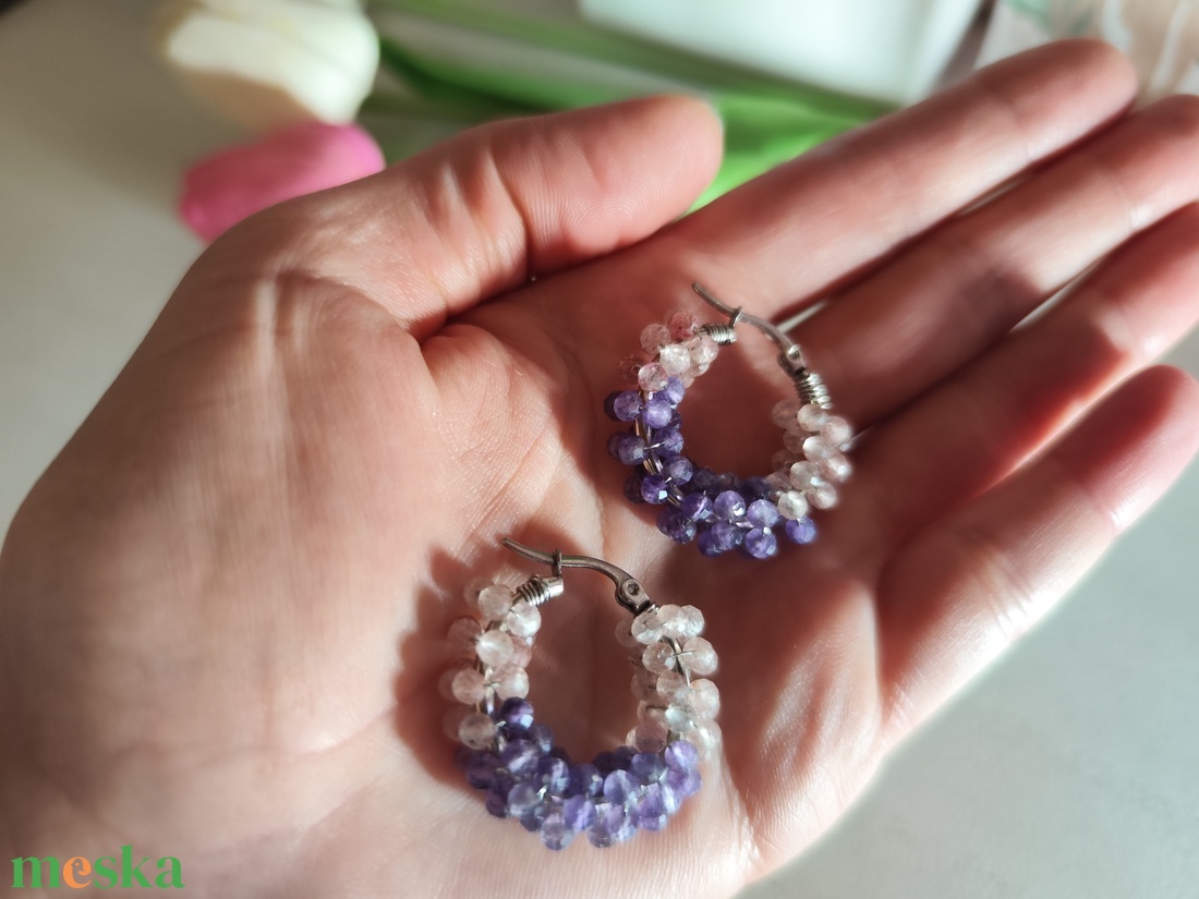 Különleges Ametiszt-Eperkvarc nemesacél fülbevaló � Kristályos elegancia! - ékszer - fülbevaló - karika fülbevaló - Meska.hu