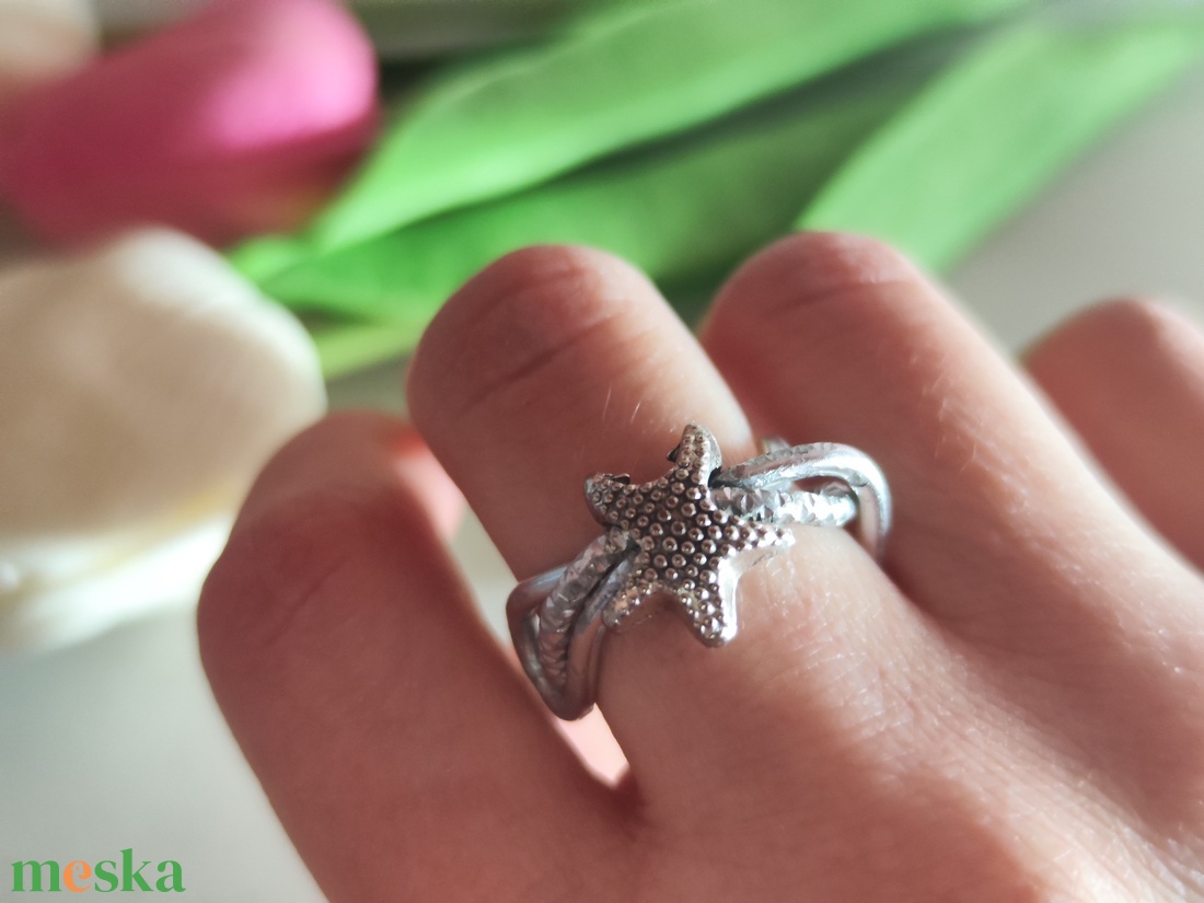 EGYETLEN DARAB! Tengeri Csillag Ezüstfényű Gyűrű � Egyedi, kézzel készült ékszer (56-os méret) - ékszer - gyűrű - figurális gyűrű - Meska.hu