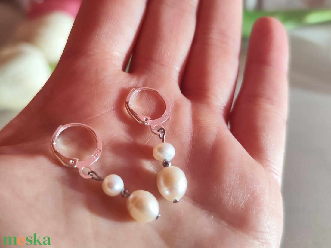 Hófehér Elegancia � Édesvízi tenyésztett gyöngy és hematit ezüst fülbevaló (S925) - ékszer - fülbevaló - lógó fülbevaló - Meska.hu