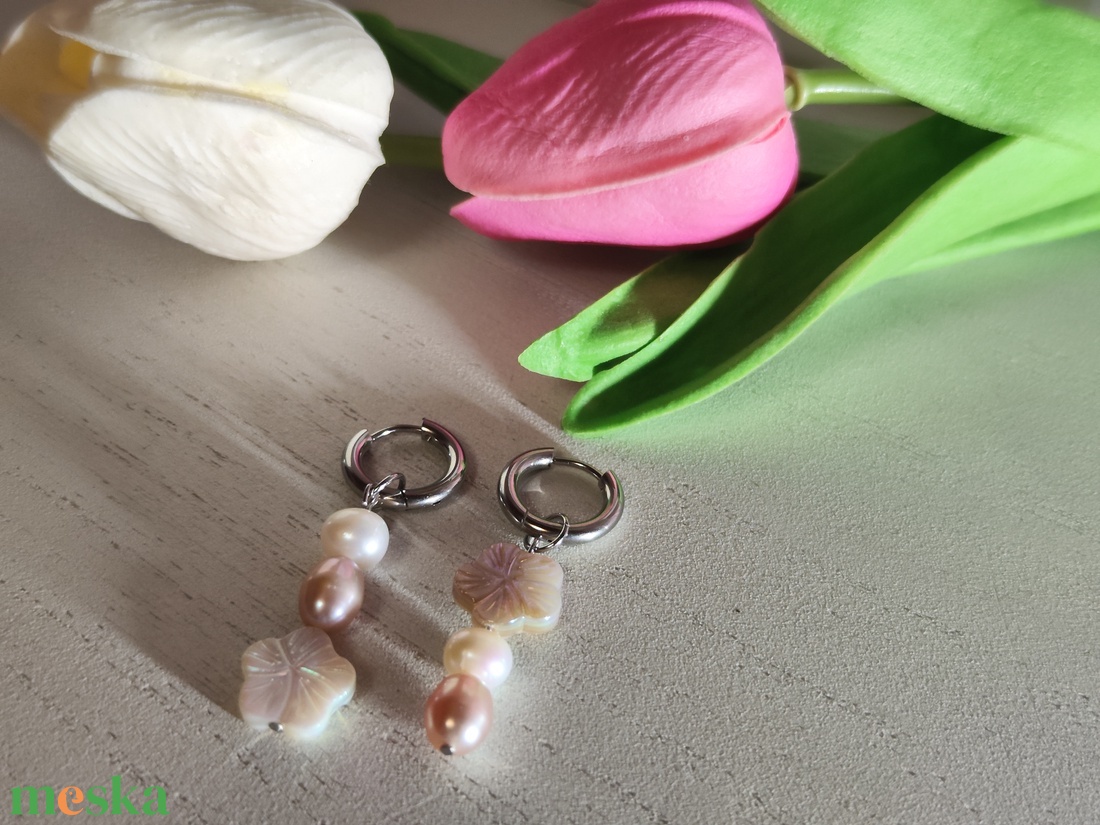 Tavaszi Zsongás � 2 az 1-ben Nemesacél Fülbevaló Valódi Édesvízi Gyöngyökkel - ékszer - fülbevaló - lógó fülbevaló - Meska.hu