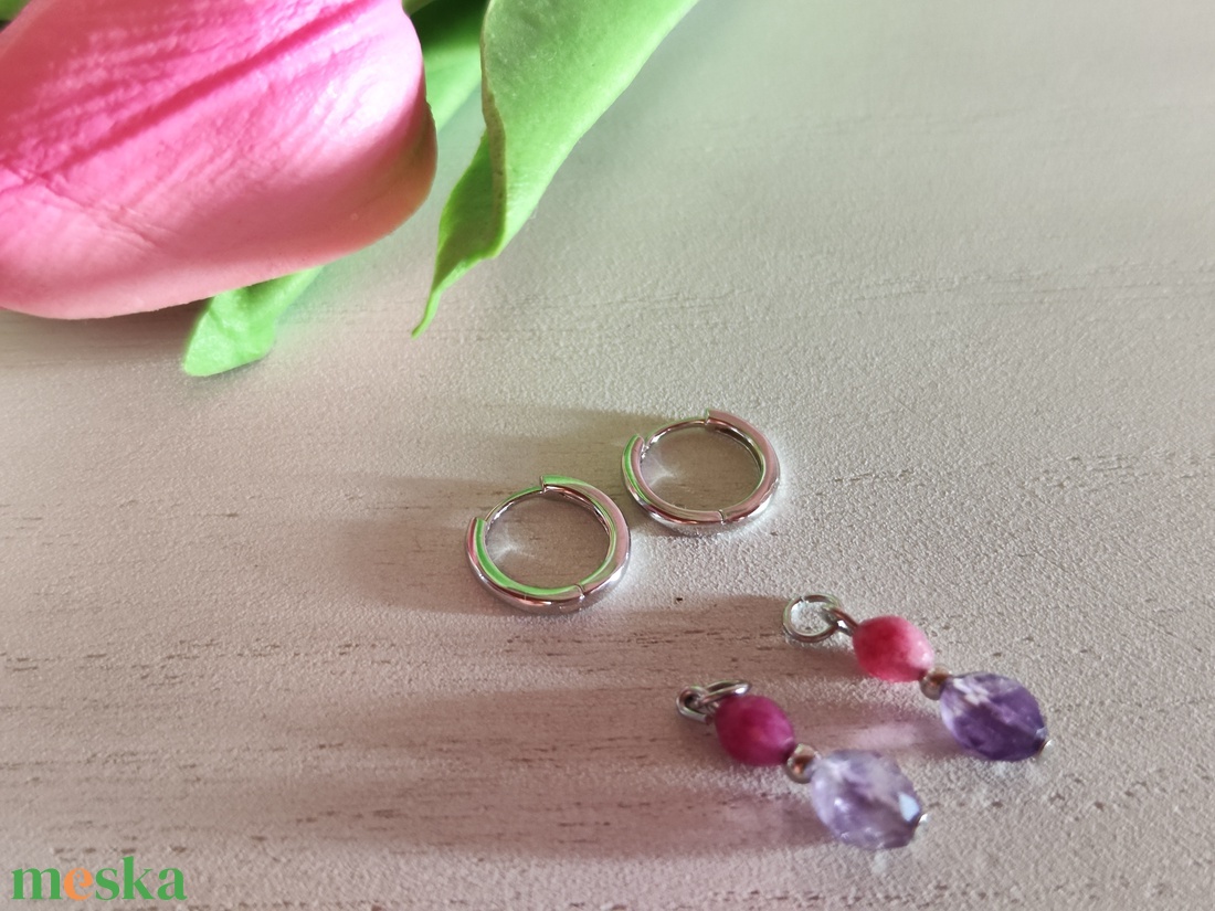 2 az 1-ben Ásványos S925 Ezüst Karika Fülbevaló � Rózsaszín Jáspis -AAA Fluorit - ékszer - fülbevaló - lógó fülbevaló - Meska.hu