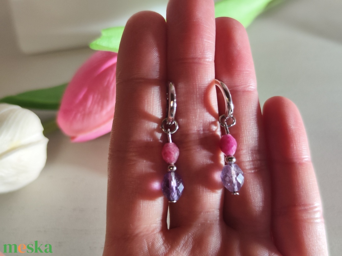 2 az 1-ben Ásványos S925 Ezüst Karika Fülbevaló � Rózsaszín Jáspis -AAA Fluorit - ékszer - fülbevaló - lógó fülbevaló - Meska.hu