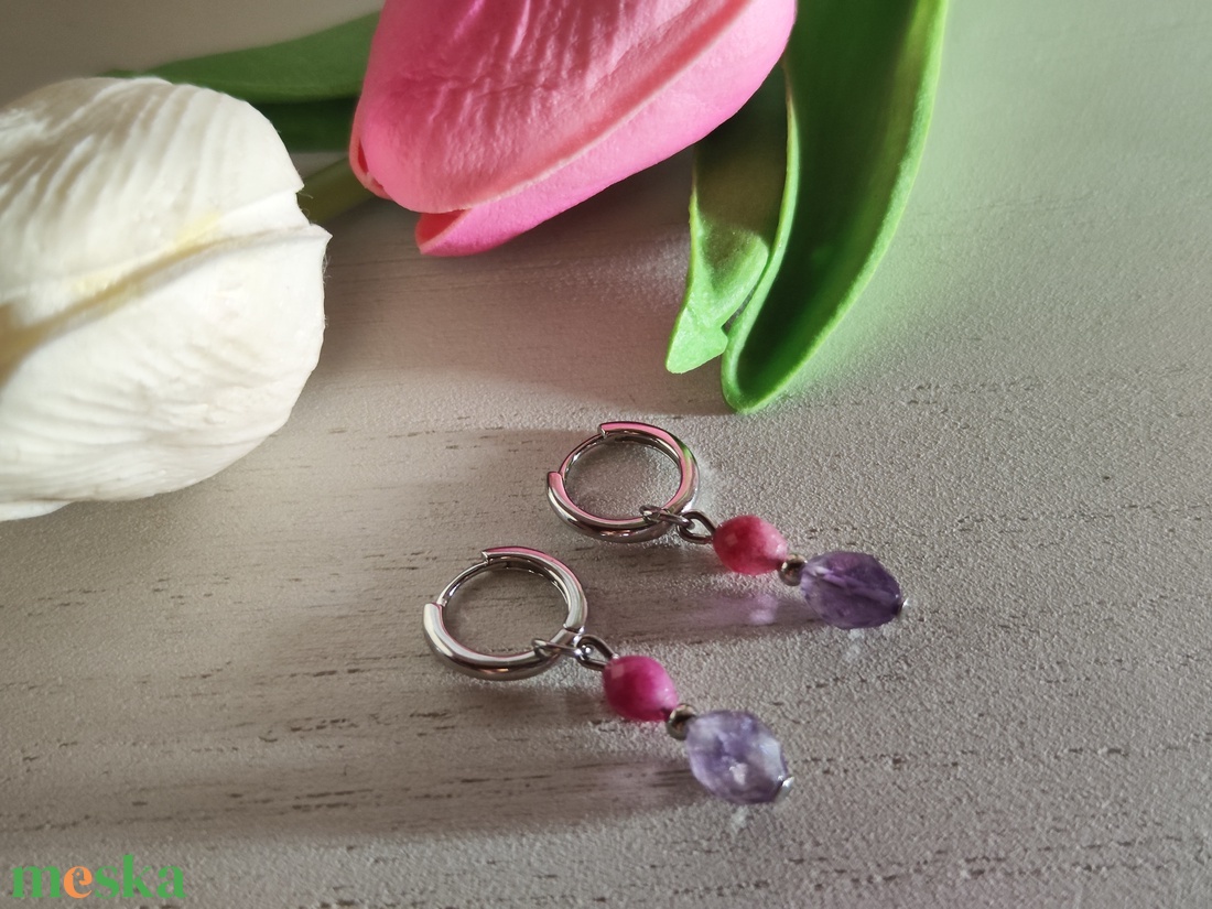 2 az 1-ben Ásványos S925 Ezüst Karika Fülbevaló � Rózsaszín Jáspis -AAA Fluorit - ékszer - fülbevaló - lógó fülbevaló - Meska.hu