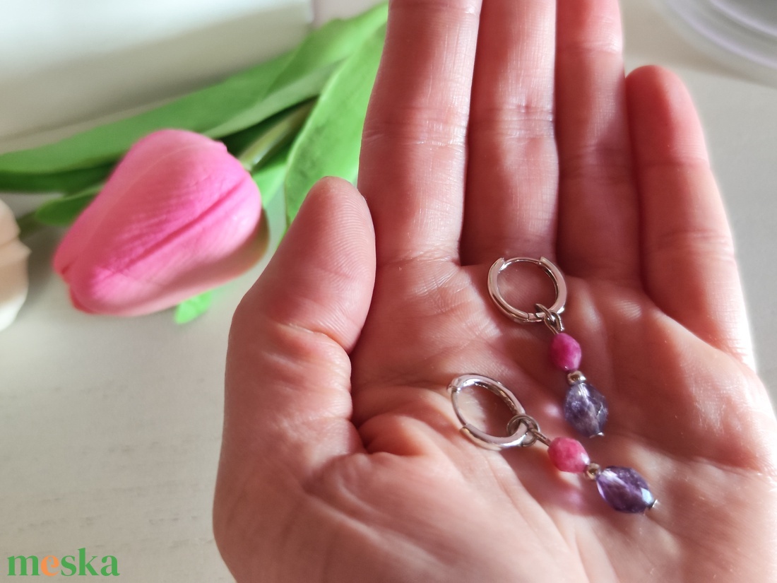 2 az 1-ben Ásványos S925 Ezüst Karika Fülbevaló � Rózsaszín Jáspis -AAA Fluorit - ékszer - fülbevaló - lógó fülbevaló - Meska.hu