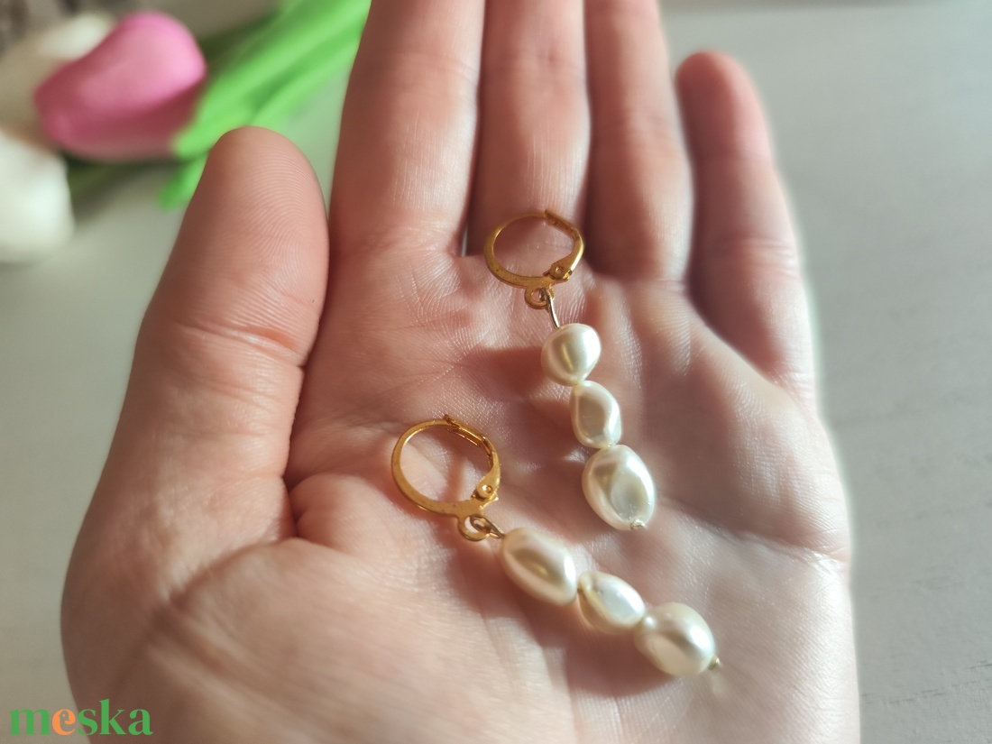 Elegáns Hármas Édesvízi Gyöngy Nemesacél Fülbevaló  - ékszer - fülbevaló - lógós kerek fülbevaló - Meska.hu