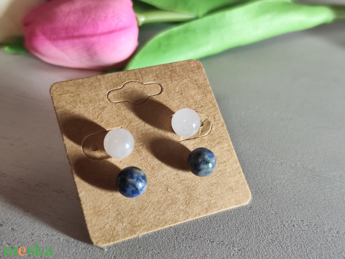 Ásványi Duó: Rózsakvarc és Szodalit Nemesacél Fülbevaló Szett  - ékszer - fülbevaló - pötty fülbevaló - Meska.hu