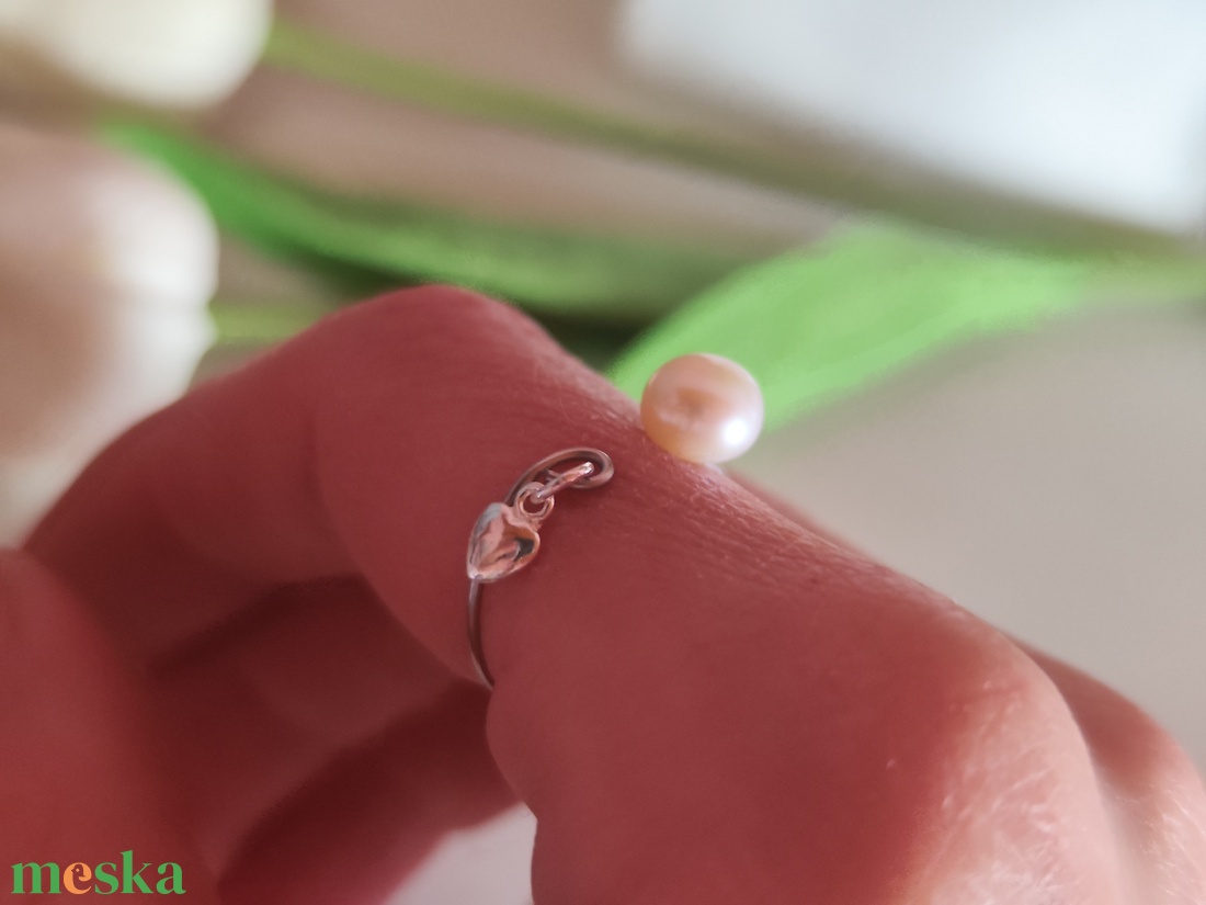 Édesvízi Gyöngy -Ezüst Szív � Állítható Nemesacél Gyűrű - ékszer - gyűrű - gyöngyös gyűrű - Meska.hu