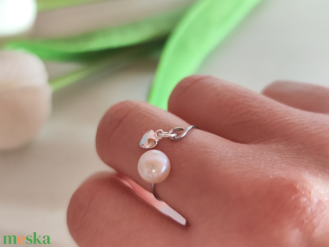 Édesvízi Gyöngy -Ezüst Szív � Állítható Nemesacél Gyűrű - ékszer - gyűrű - gyöngyös gyűrű - Meska.hu