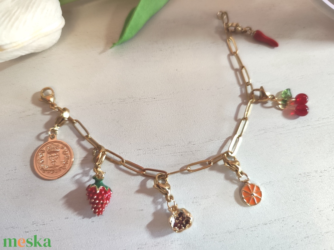 Kézműves nemesacél charm karkötő � egyedi gyümölcsös díszítéssel- állítható méret! - ékszer - karkötő - charm karkötő - Meska.hu