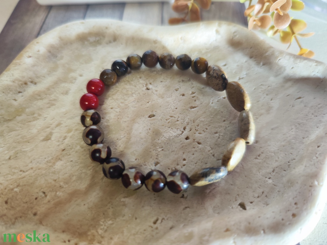 Őszi harmónia és spirituális védelem � AAA képjáspis, tibeti achát és tigrisszem ásvány karkötő (17 cm) - ékszer - karkötő - ásványkarkötő - Meska.hu
