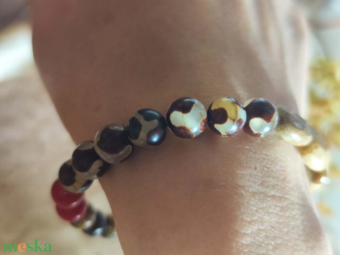 Őszi harmónia és spirituális védelem � AAA képjáspis, tibeti achát és tigrisszem ásvány karkötő (17 cm) - ékszer - karkötő - ásványkarkötő - Meska.hu