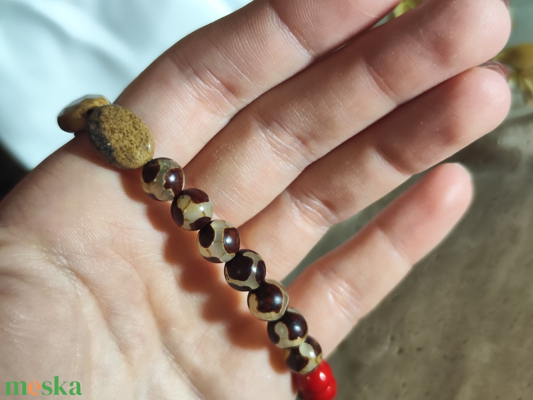 Őszi harmónia és spirituális védelem � AAA képjáspis, tibeti achát és tigrisszem ásvány karkötő (17 cm) - ékszer - karkötő - ásványkarkötő - Meska.hu