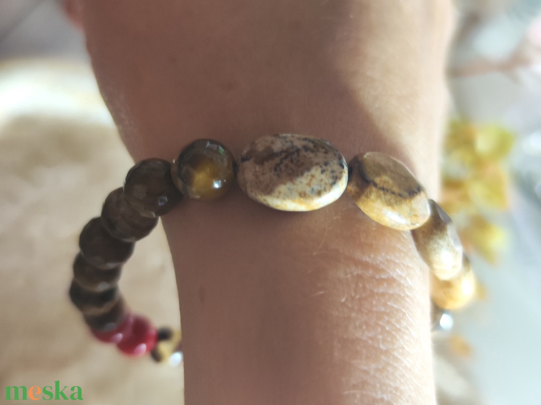 Őszi harmónia és spirituális védelem � AAA képjáspis, tibeti achát és tigrisszem ásvány karkötő (17 cm) - ékszer - karkötő - ásványkarkötő - Meska.hu
