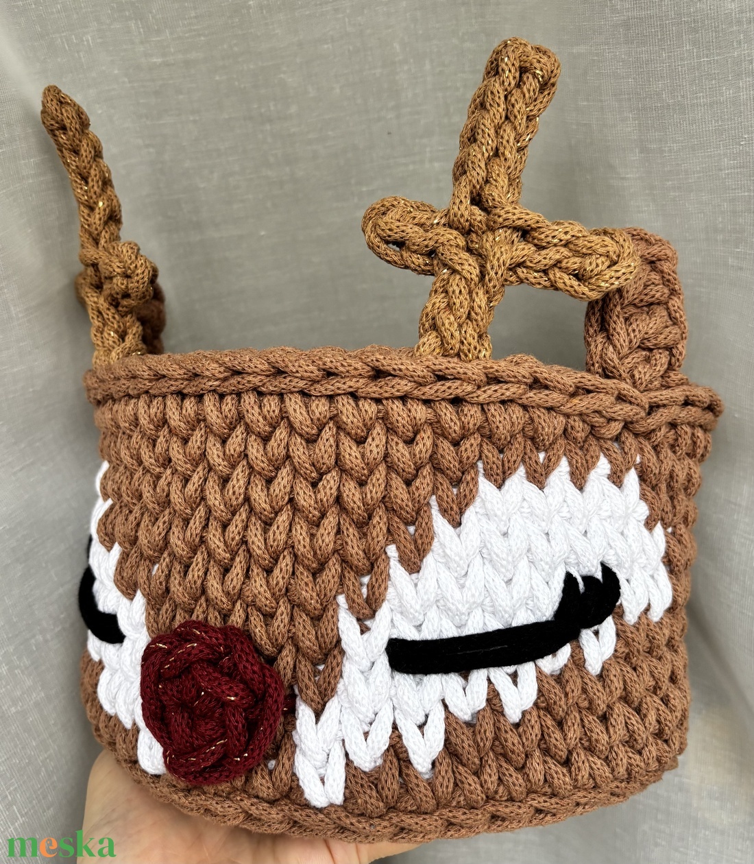 Horgolt rénszarvasos tárolókosár - karácsony - karácsonyi lakásdekoráció - karácsonyi lakásdíszek - Meska.hu