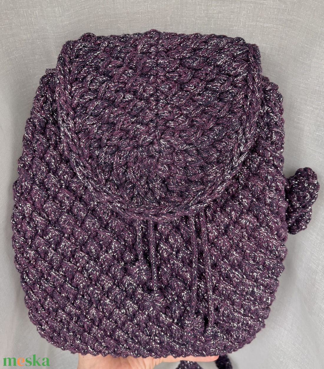 Horgolt lila csillogós hátizsák - táska & tok - hátizsák - hátizsák - Meska.hu