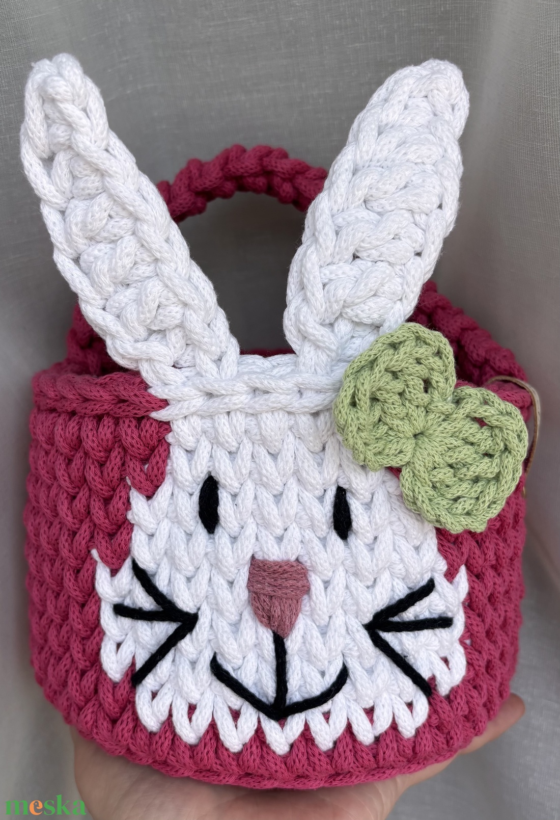 Horgolt rózsaszín nyuszis húsvéti kosár - maxi - otthon & életmód - tárolás & rendszerezés - tárolókosár - Meska.hu