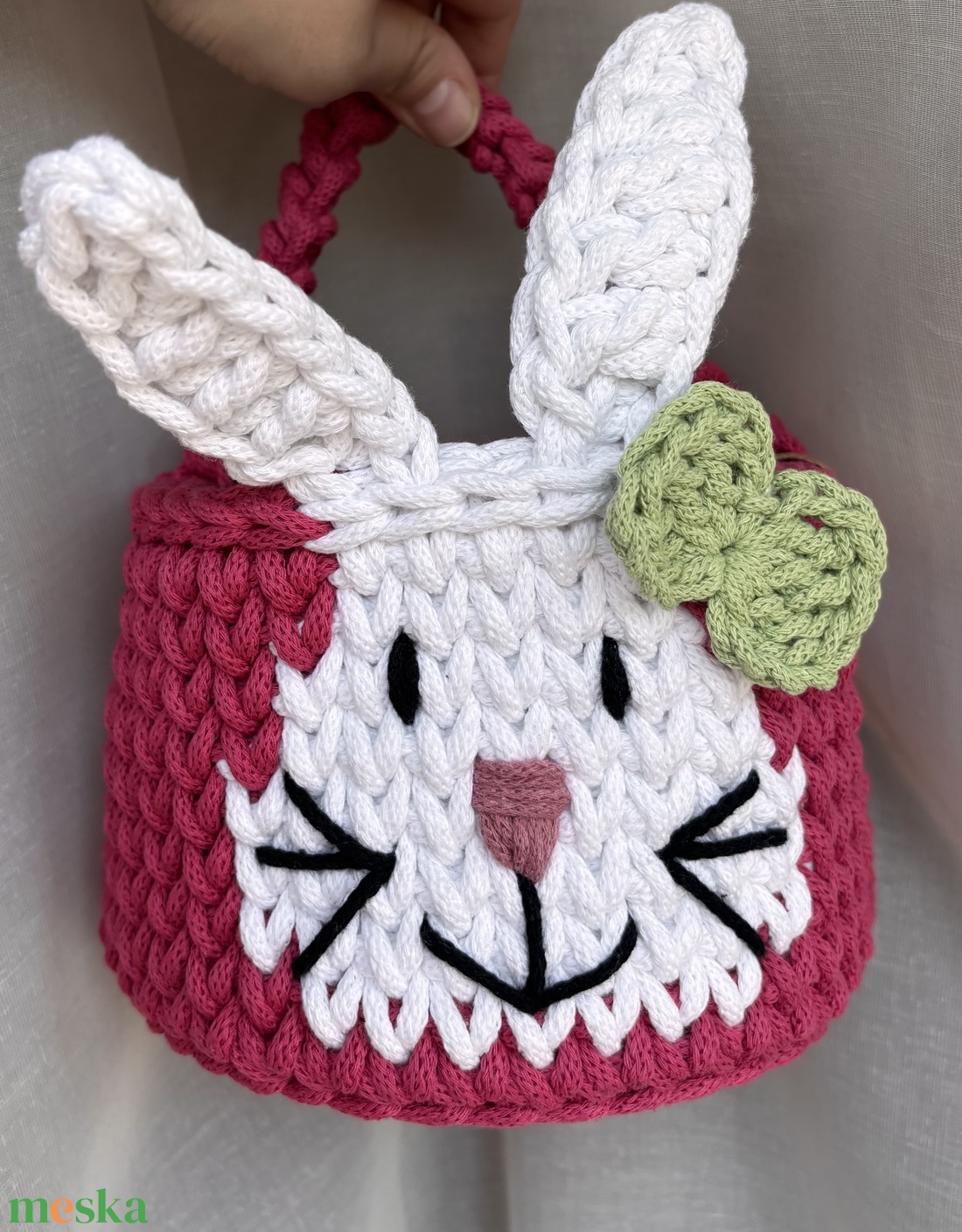 Horgolt rózsaszín nyuszis húsvéti kosár - maxi - otthon & életmód - tárolás & rendszerezés - tárolókosár - Meska.hu