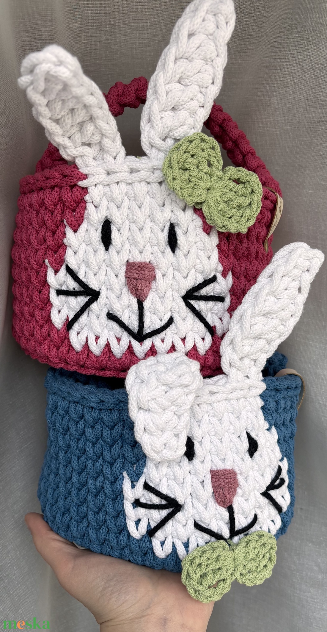 Horgolt rózsaszín nyuszis húsvéti kosár - maxi - otthon & életmód - tárolás & rendszerezés - tárolókosár - Meska.hu