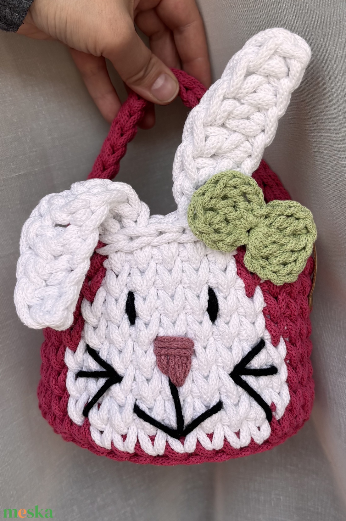 Horgolt rózsaszín nyuszis húsvéti kosár - közepes - otthon & életmód - tárolás & rendszerezés - tárolókosár - Meska.hu