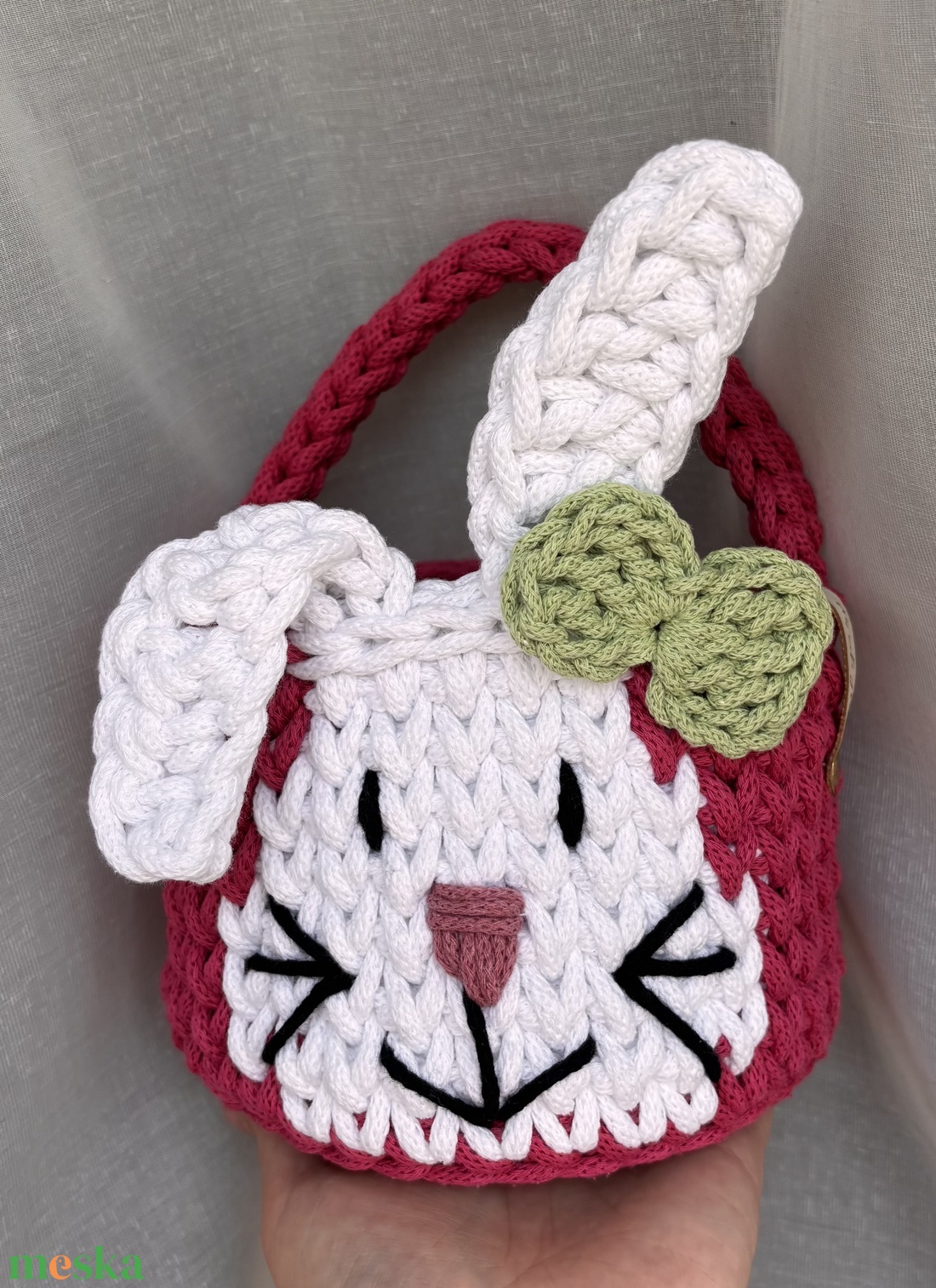 Horgolt rózsaszín nyuszis húsvéti kosár - közepes - otthon & életmód - tárolás & rendszerezés - tárolókosár - Meska.hu