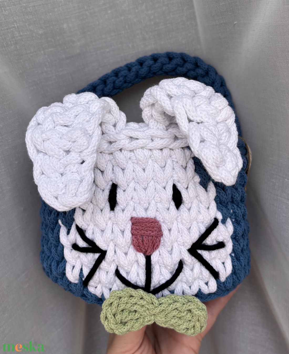 Horgolt kék nyuszis húsvéti kosár - közepes - otthon & életmód - tárolás & rendszerezés - tárolókosár - Meska.hu