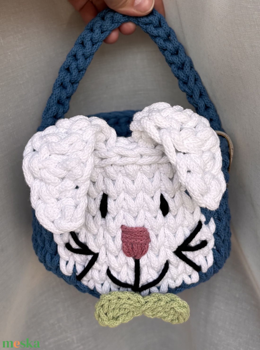 Horgolt kék nyuszis húsvéti kosár - közepes - otthon & életmód - tárolás & rendszerezés - tárolókosár - Meska.hu