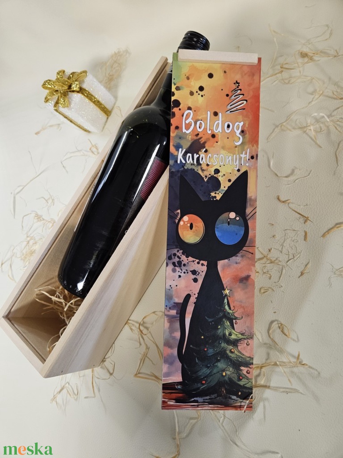 Macska karácsony ajándék bortartó díszdoboz - otthon & életmód - dekoráció - asztal és polc dekoráció - díszdoboz - Meska.hu