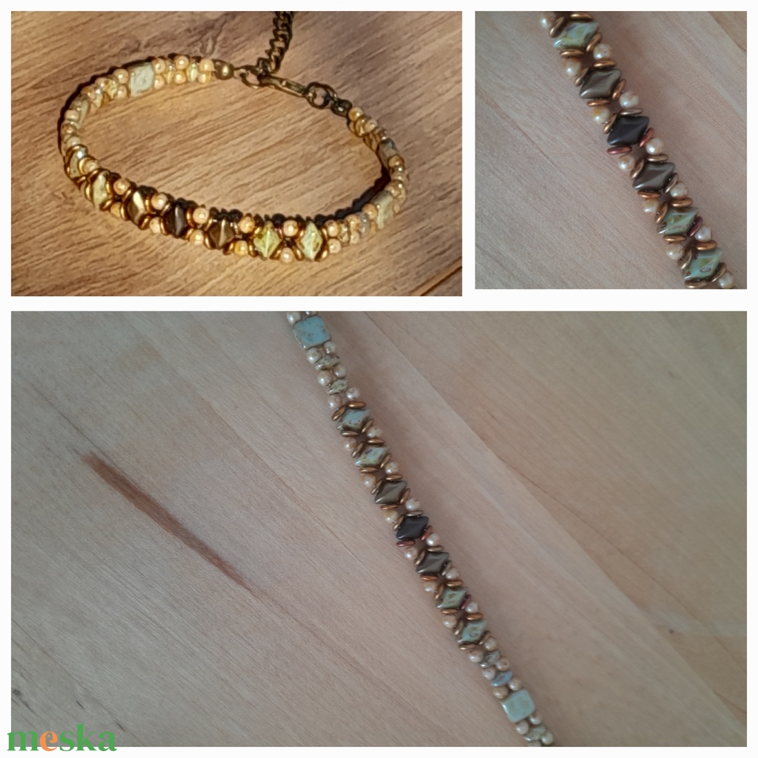 Beige-barna-zöld karkötő - ékszer - karkötő - gyöngyös karkötő - Meska.hu