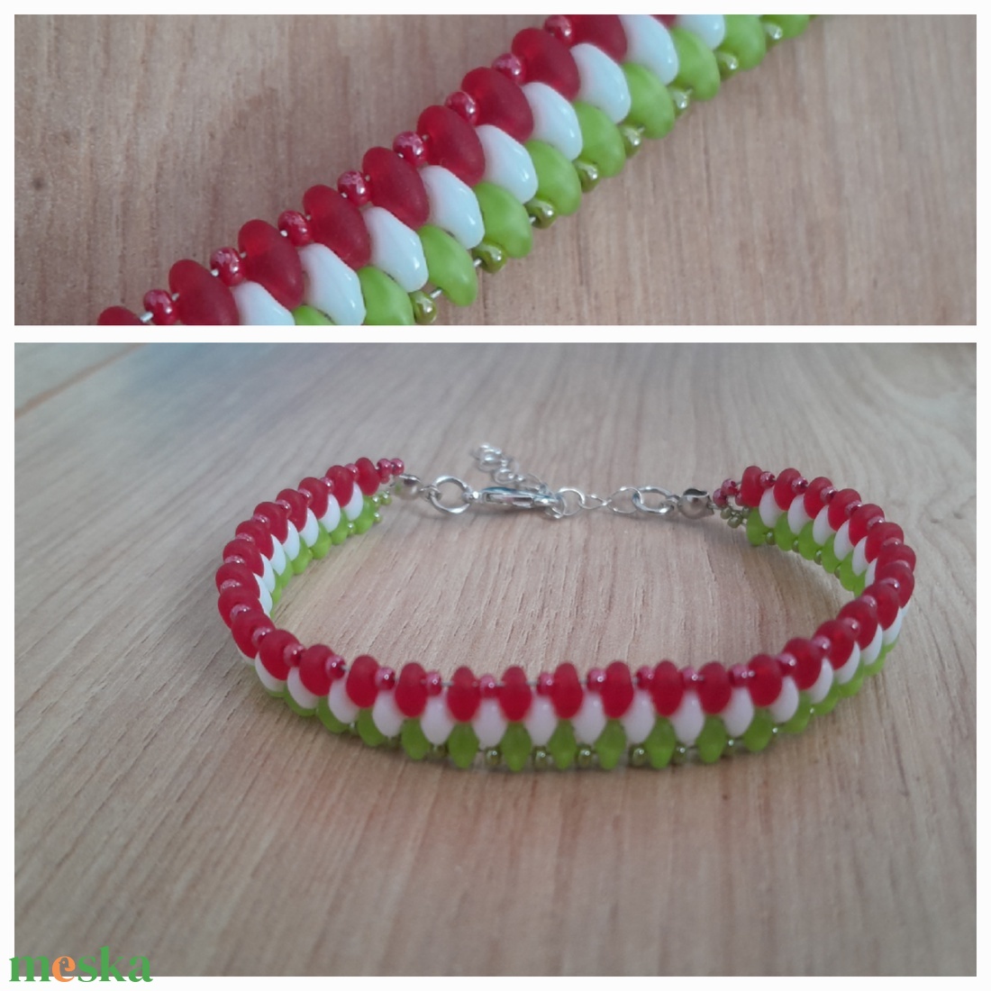 Piros-fehér-zöld karkötő - ékszer - karkötő - gyöngyös karkötő - Meska.hu