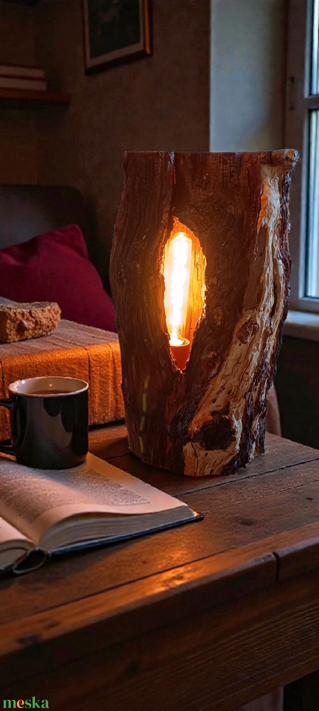 Üreges mandulafából készült asztali lámpa  Edison csőizzóval 25x40cm - otthon & életmód - lámpa - asztali lámpa - Meska.hu