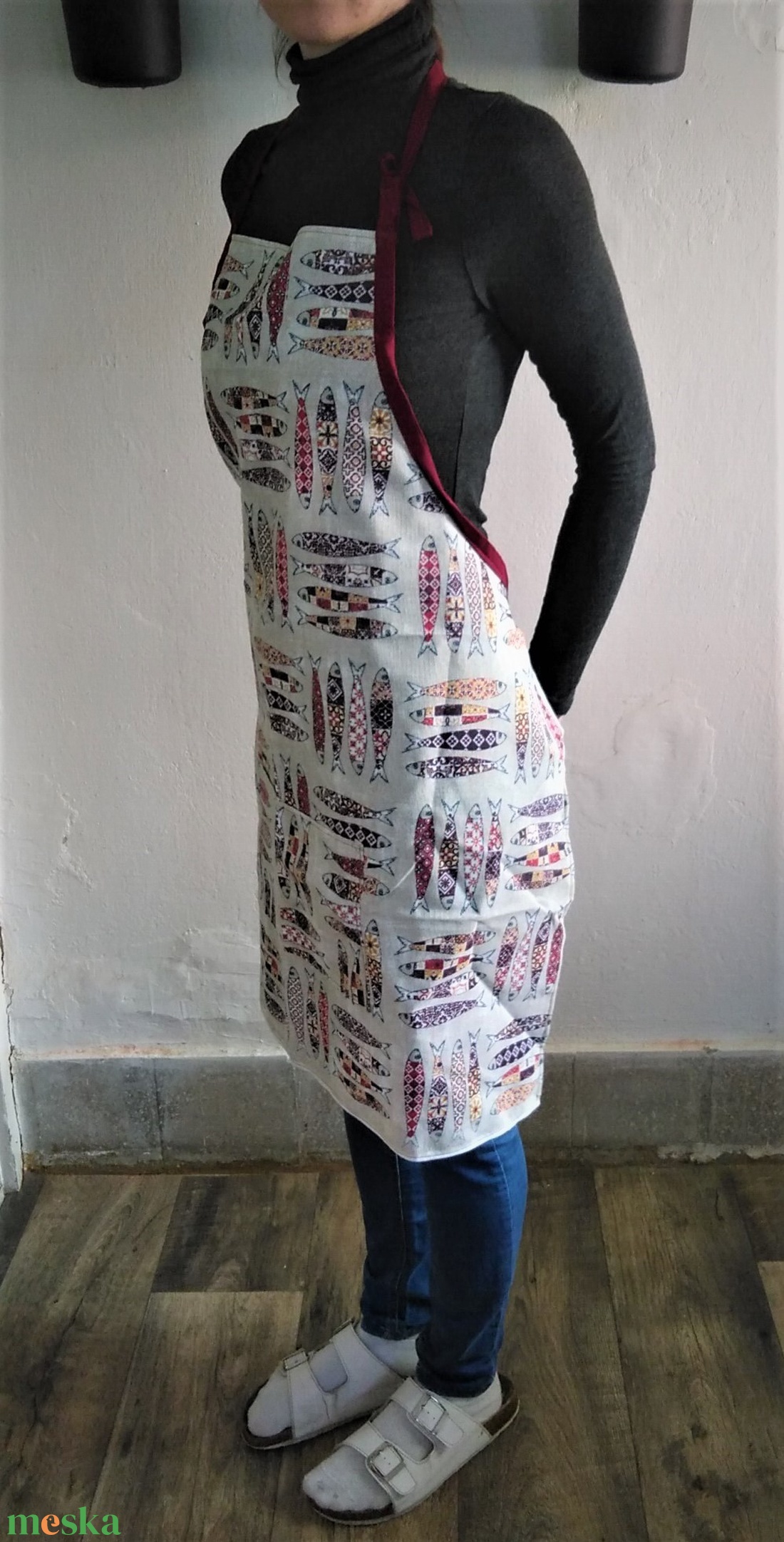 Bordó szardínia mintás - otthon & életmód - konyhafelszerelés, tálalás - konyhai textil - kötény - Meska.hu