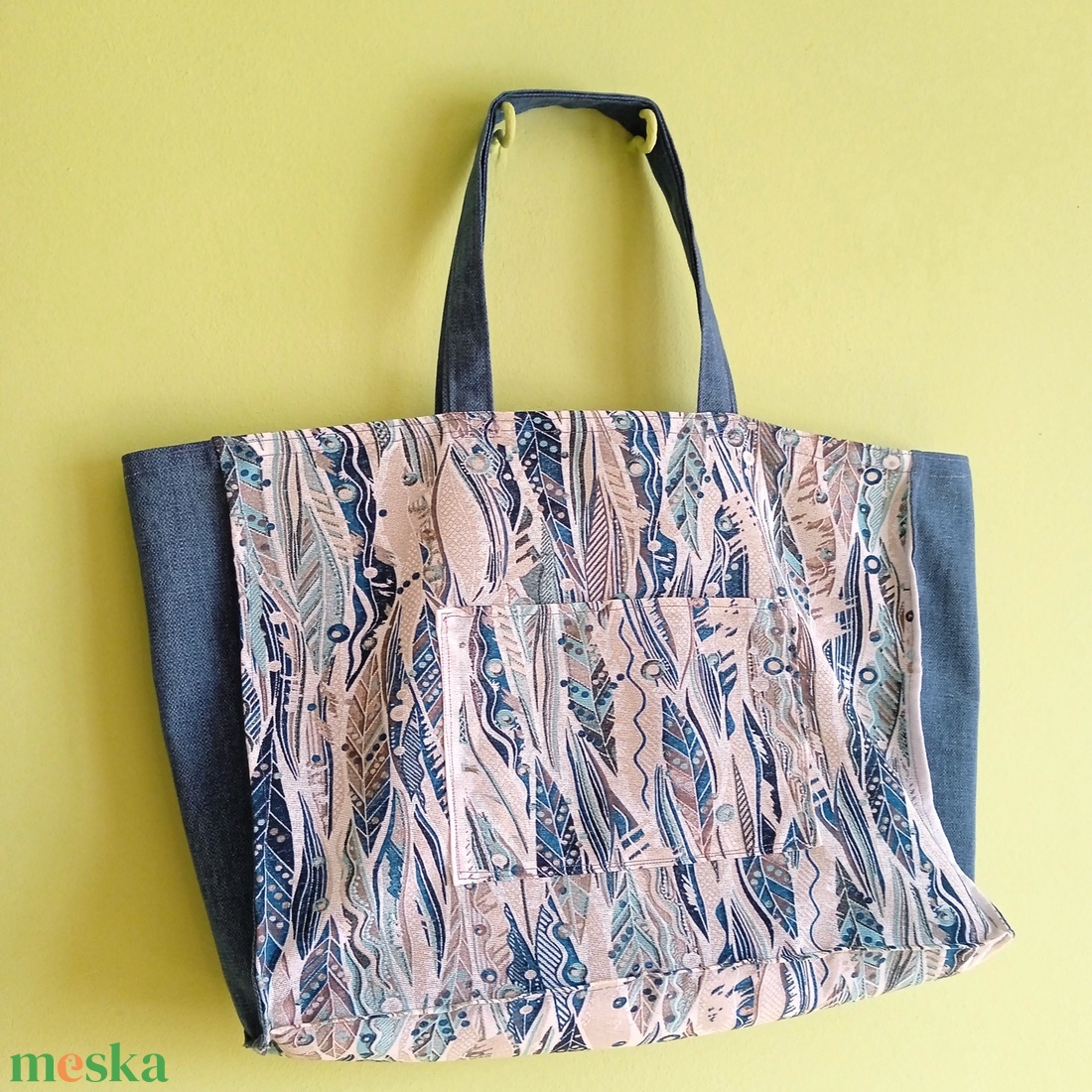 Bevásárló táska merevített talppal - kék indiántollas - táska & tok - bevásárlás & shopper táska - shopper, textiltáska, szatyor - Meska.hu