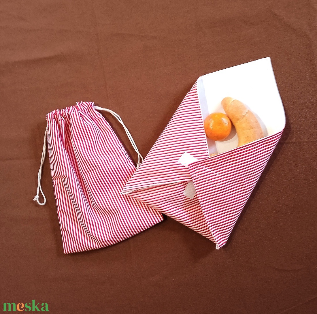 Piros fehér csíkos, mosható uzsonnacsomagoló szett - ékszer - karóra és ékszeróra - zsebóra - Meska.hu